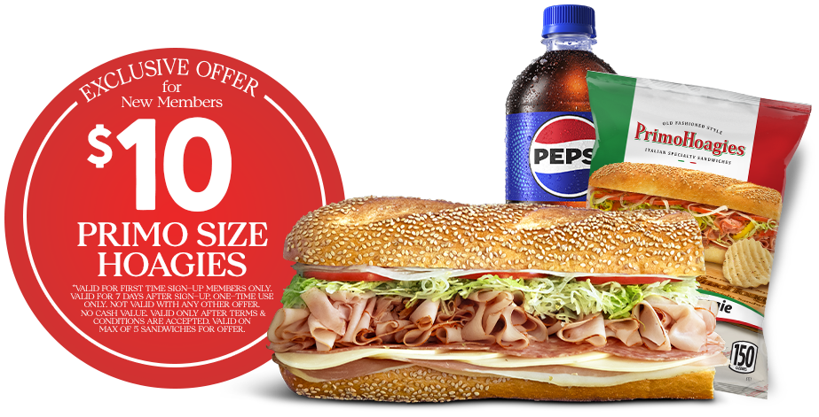 Primo size hoagie, chips, and a beverage - combo
